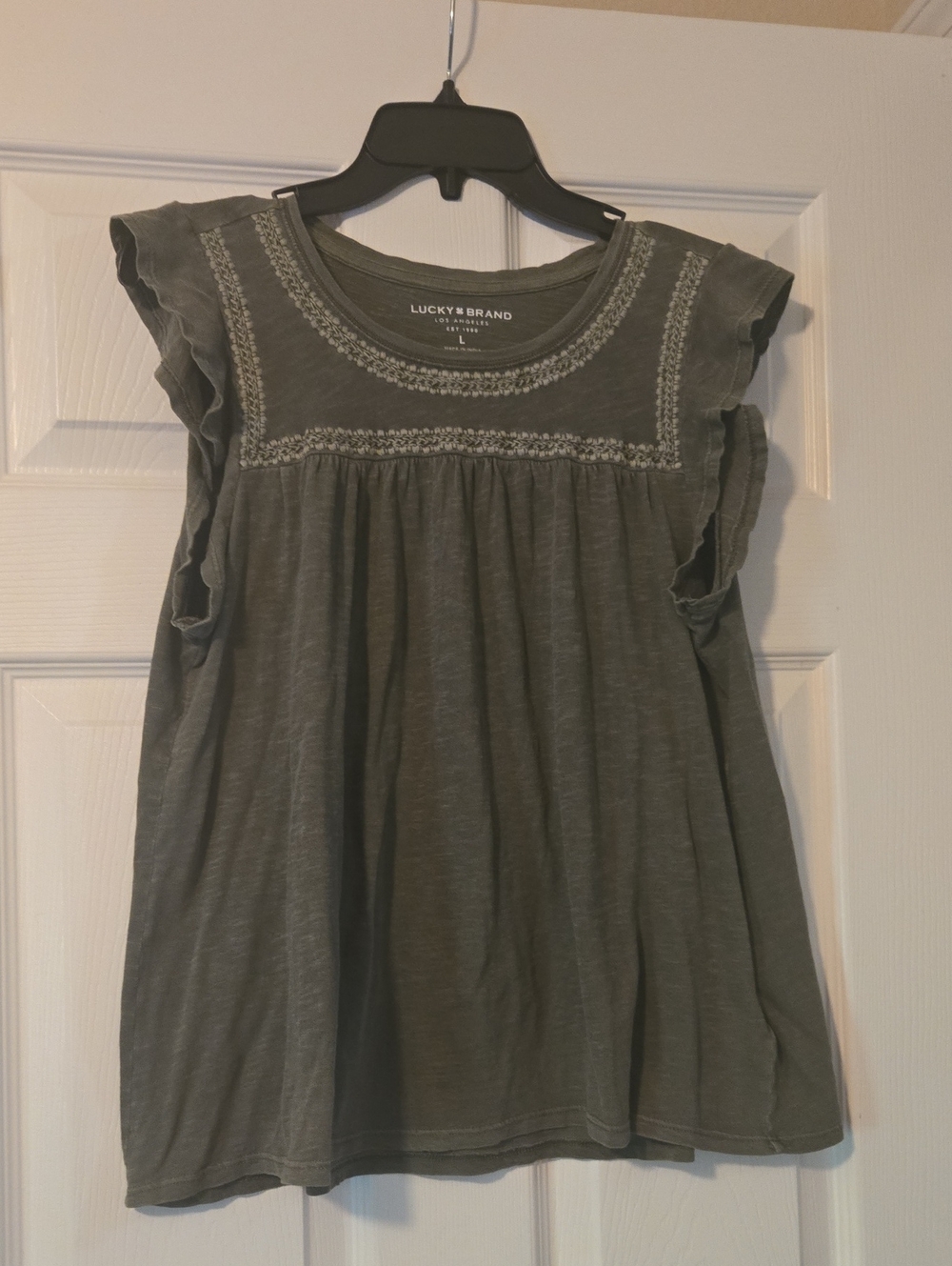 Lucky Brand Olive Green Embroidered Flutter-Sleeve Tunic